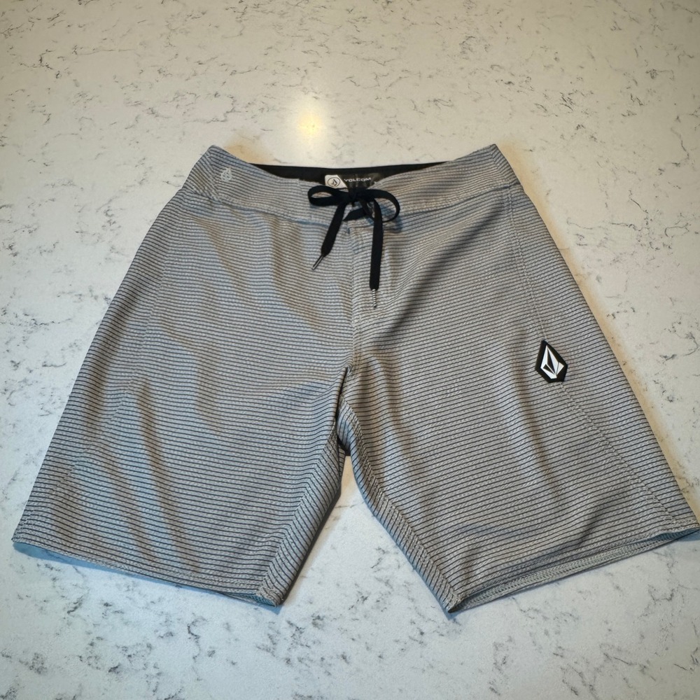 Volcom Board Shorts Mens 28 Grey Striped Lace Up Swim Trunks Stone Logo
